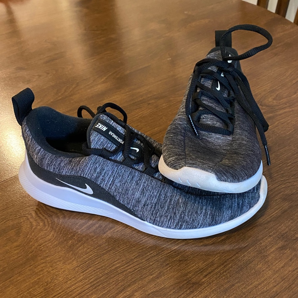 Grey and black nike running shoes